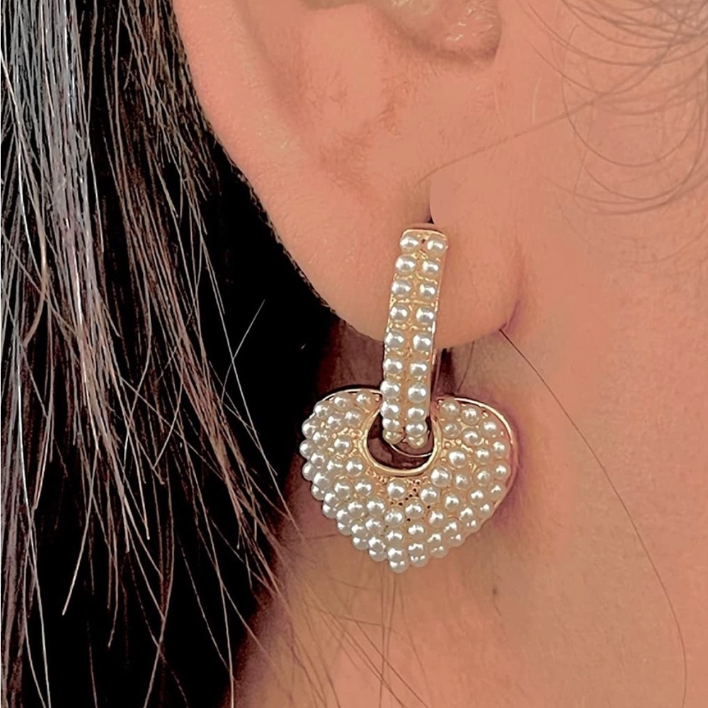 New Gold Plated Pearl Heart Huggie Hoop Earrings - Picture 2 of 6